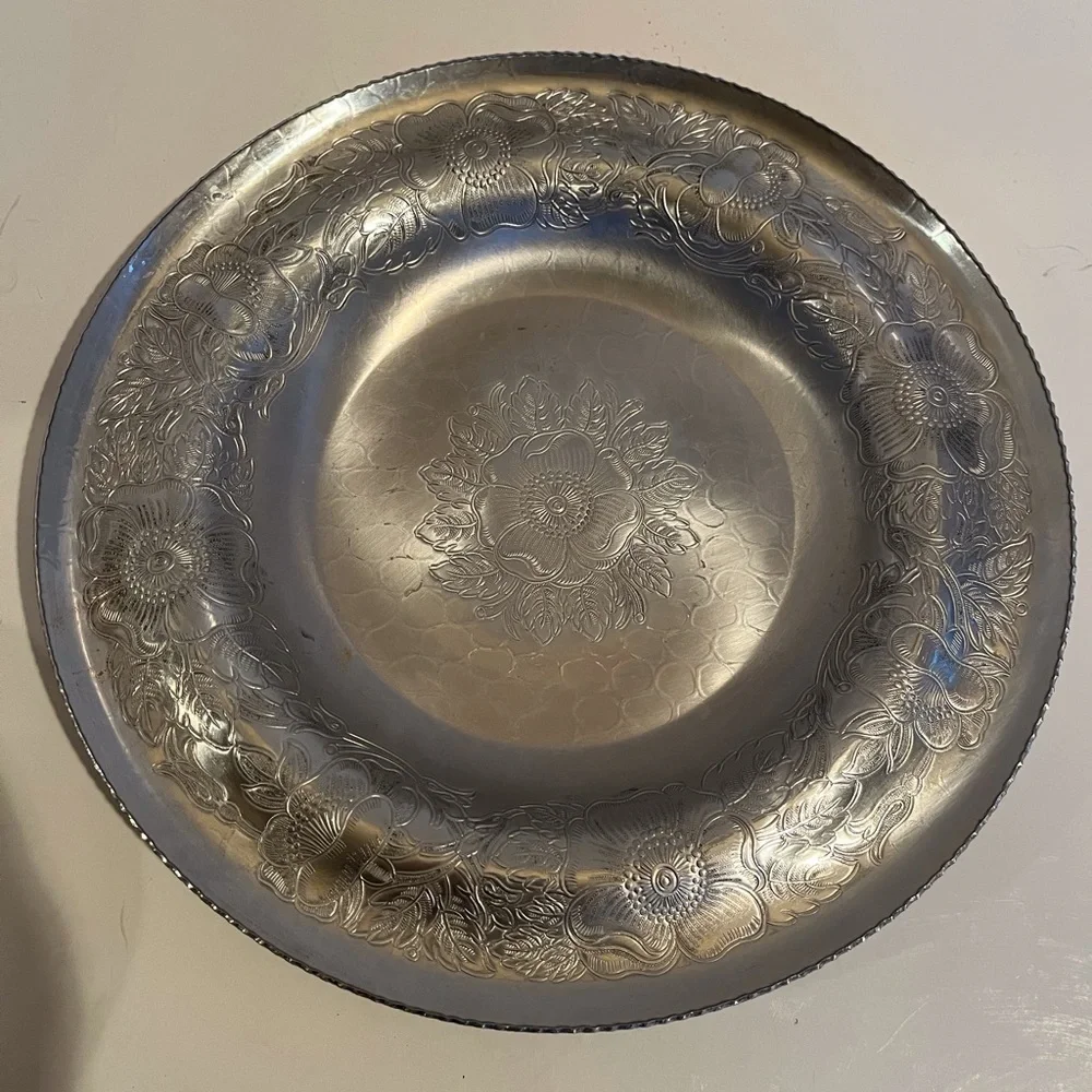 Vintage Pyrex Two Quart Clear Glass Dish with Etched Aluminum Cover and Base